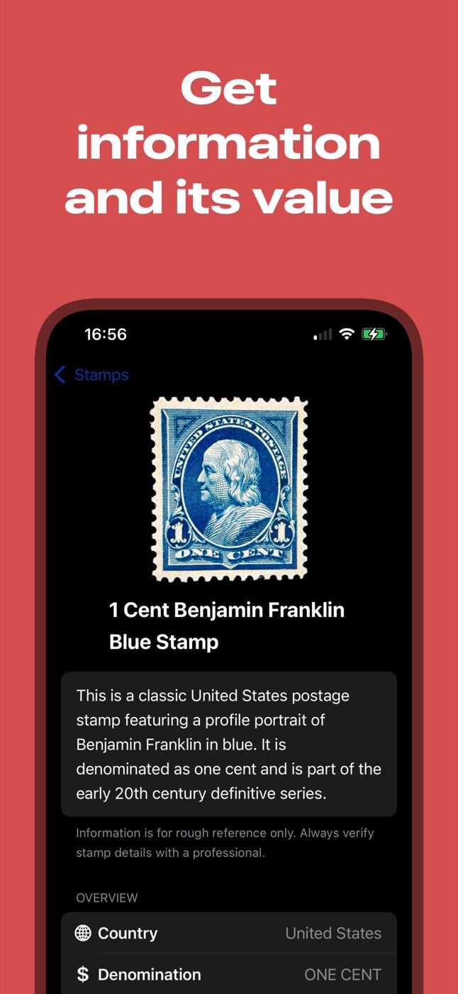 AI Stamp mostra un francobollo blu da 1 centesimo con Benjamin Franklin, con descrizione, paese e valore facciale